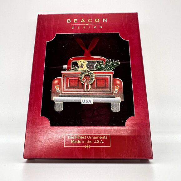 Beacon Design Holiday Pickup Dog Red Truck Tree USA Brass Christmas Ornament - Picture 1 of 7
